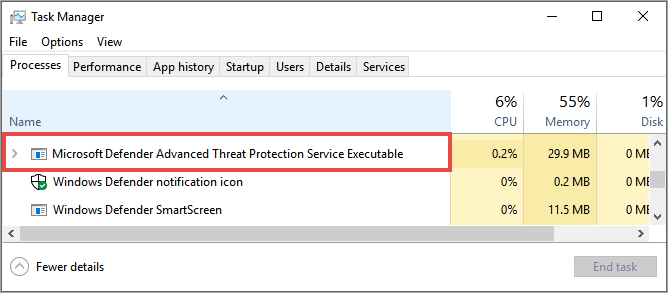 Image of process view with Microsoft Defender Advanced Threat Protection Service running