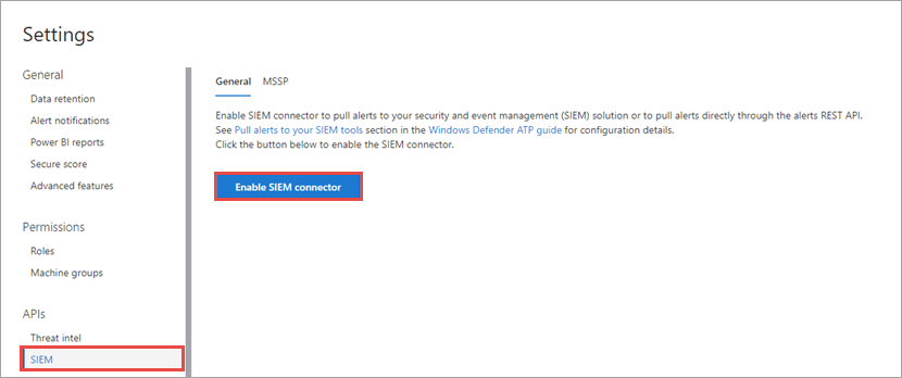 Image of SIEM integration from Settings menu