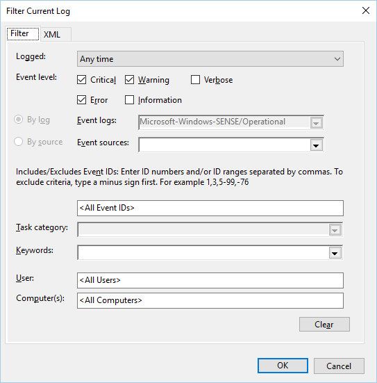 Image of Event Viewer log filter