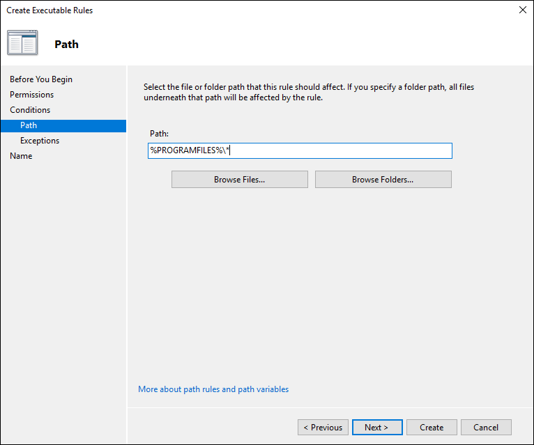 Create Packaged app Rules wizard, showing the Select applications page