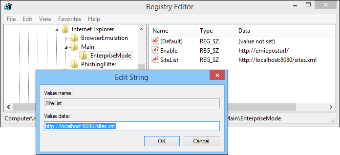 enterprise mode with site list in the registry