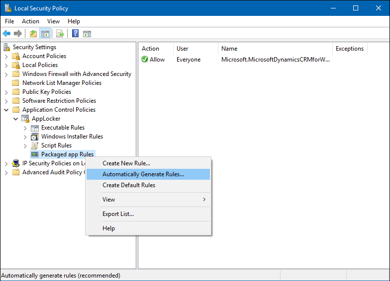 Local security snap-in, showing the Packaged app Rules