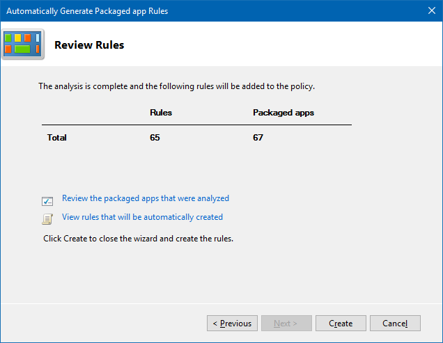 Local security snap-in, showing the Review Rules screen