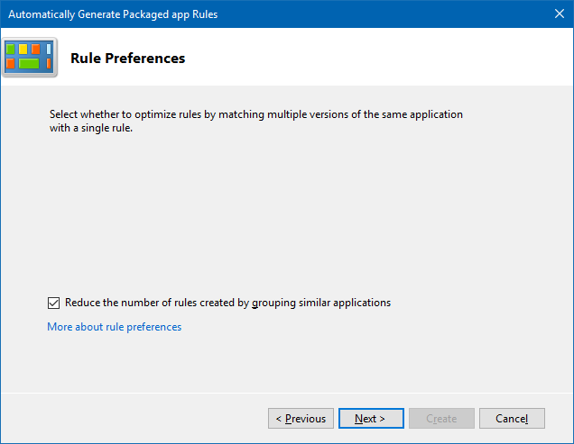 Local security snap-in, showing the Rule Preferences screen