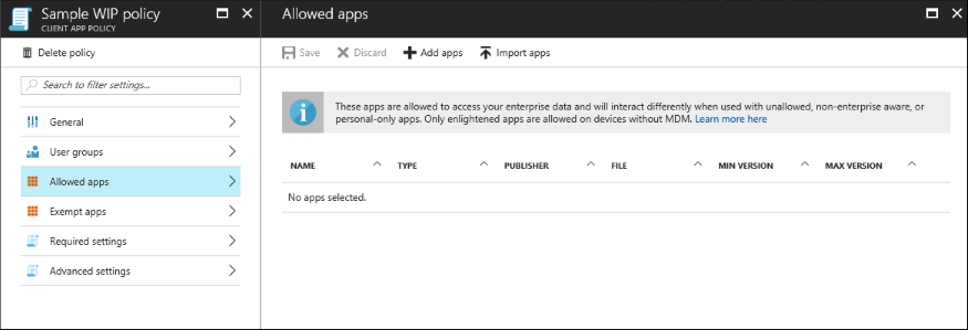 Microsoft Azure Intune management console: Viewing the recommended apps that you can add to your policy