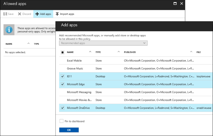 Microsoft Azure Intune management console: Adding recommended apps to your policy