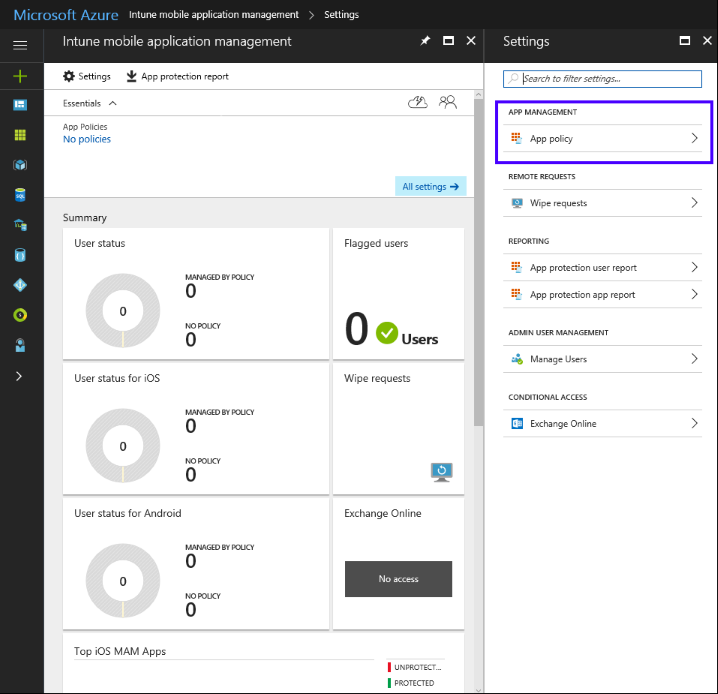 Microsoft Azure Intune management console: App policy link