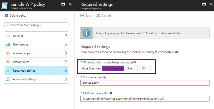 Microsoft Azure Intune, Required settings blade showing Windows Information Protection mode