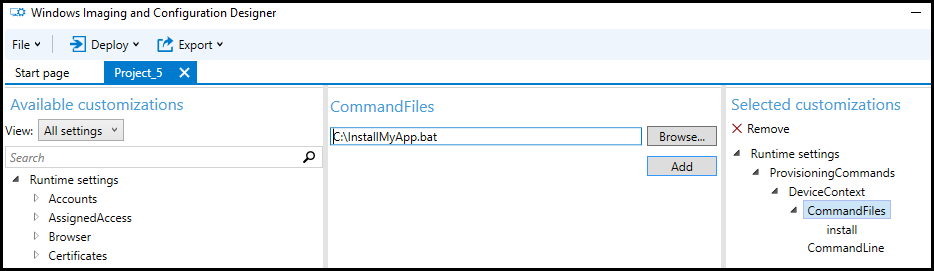 Command files in Selected customizations