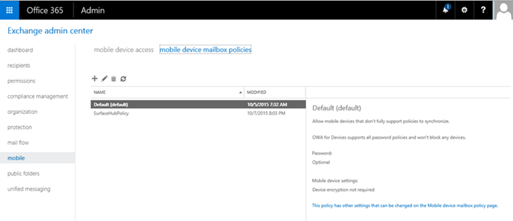 Exchange admin center - creating a mobile device mailbox policy.