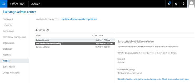 Image with new mobile device mailbox policy in Exchange admin center.