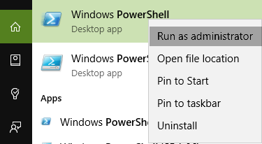 Image showing how to start Windows PowerShell and run as administrator.