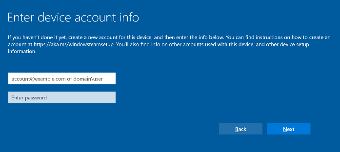 * Enter device account info *