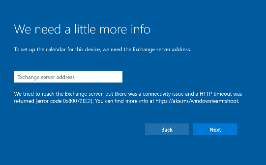 * Enter more info; for example, Exchange server name*