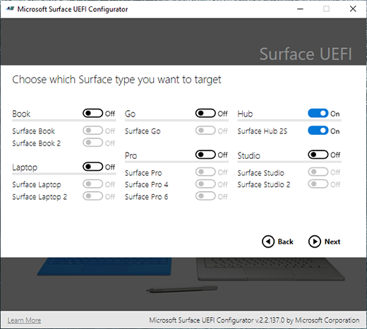 * Choose Hub and Surface Hub 2S as the target for the UEFI configuration package *