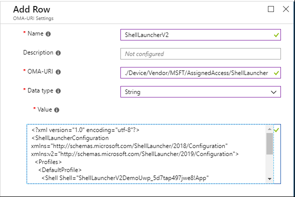 Screenshot of custom OMA-URI settings