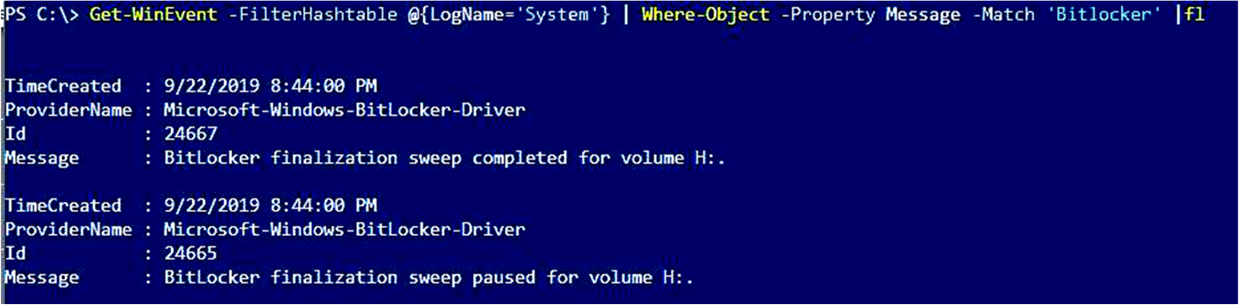 Display of events that is produced by using Get-WinEvent and a BitLocker filter