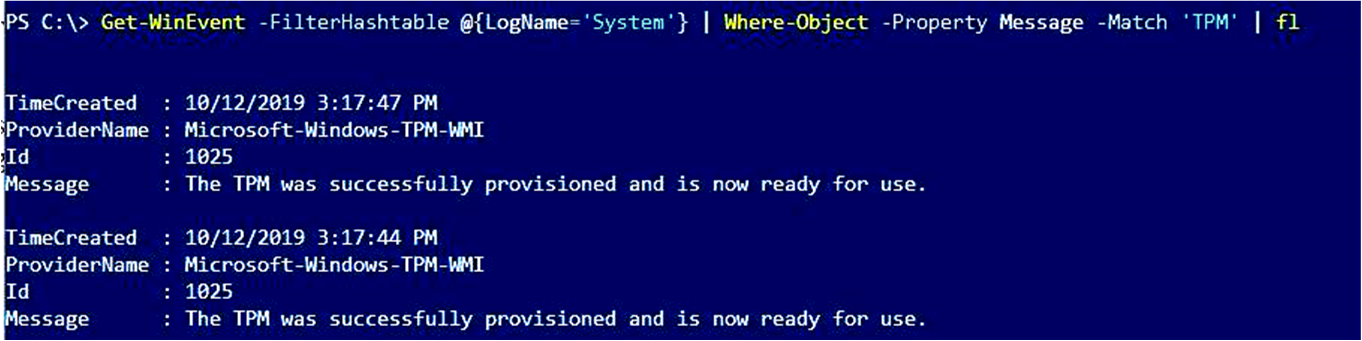 Display of events that is produced by using Get-WinEvent and a TPM filter