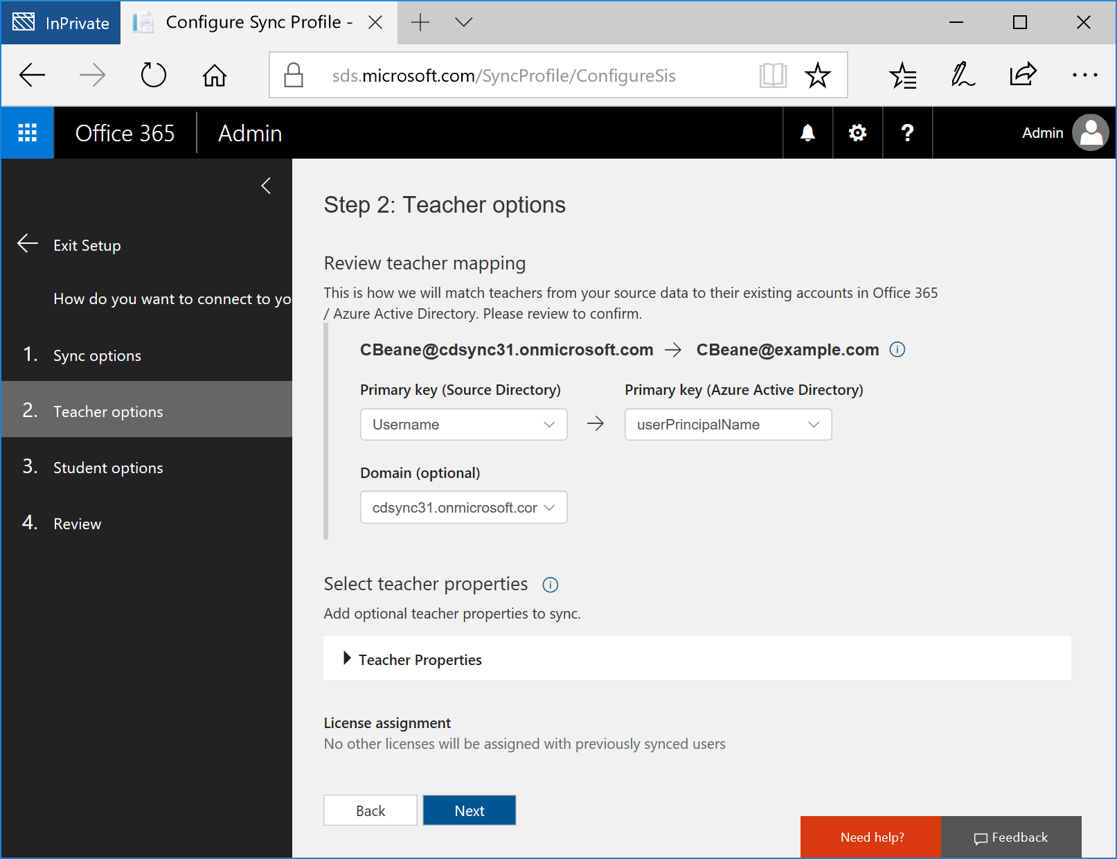 Specify options for teacher mapping