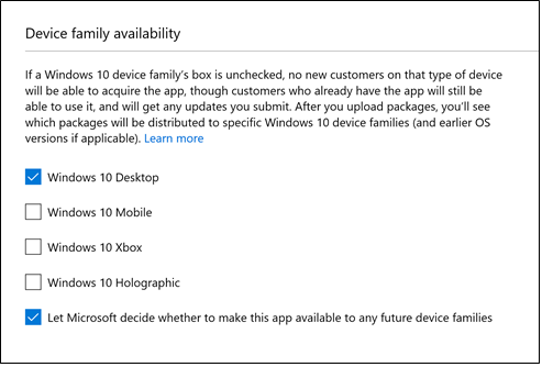 Image showing Device family availability page - part of Windows Store app submission process.