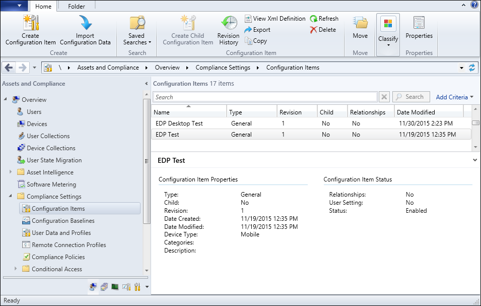 System Center Configuration Manager, Configuration Items screen