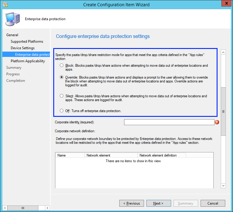 Create Configuration Item wizard, choose your WIP-protection level