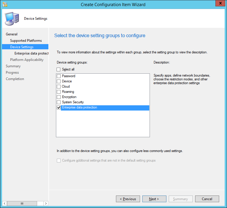 Create Configuration Item wizard, choose the Windows Information Protection settings