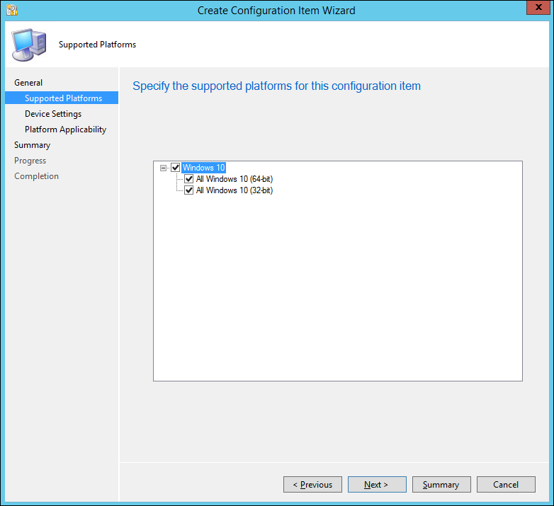 Create Configuration Item wizard, choose the supported platforms for the policy