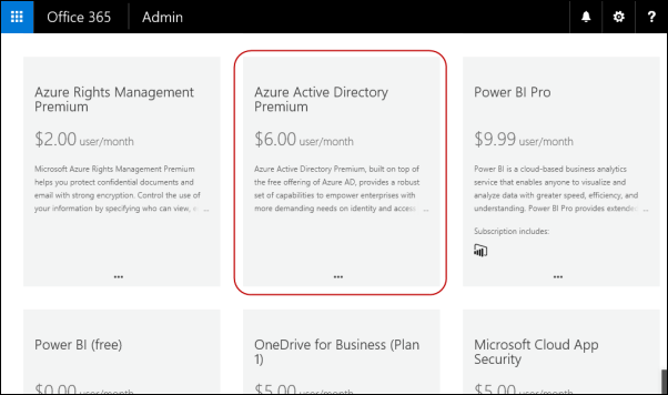 azure active directory option in purchase services page