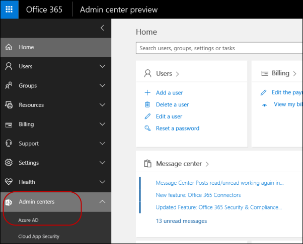 admin center left navigation menu