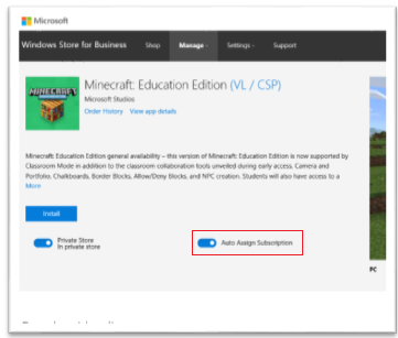 Minecraft Education Edition product page with auto assign control highlighted.