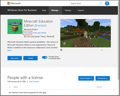 Minecraft: Education Edition app details page with view bills link highlighted