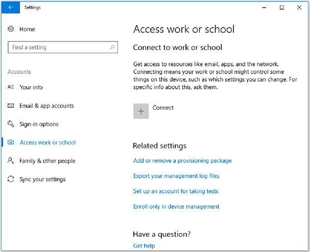 Go to Access work or school in Settings