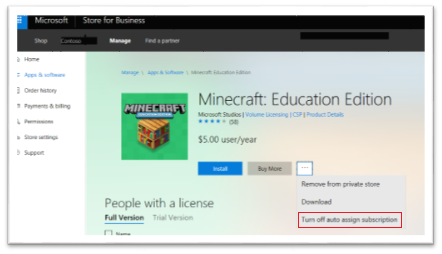 Minecraft Education Edition product page with auto assign control highlighted.