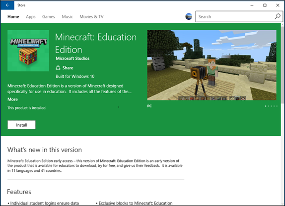 Microsoft Store app with Minecraft page