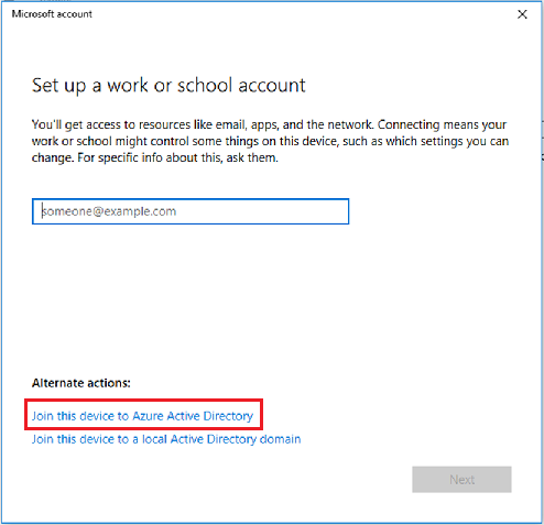 Select the option to join the device to Azure Active Directory