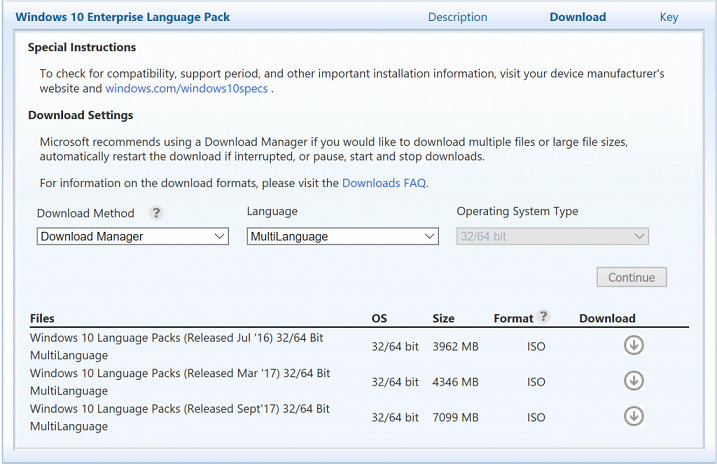 Windows 10, version 1709 lang pack