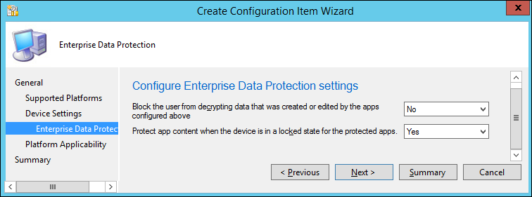 Create Configuration Item wizard, choose additional optional settings for enterprise data protection