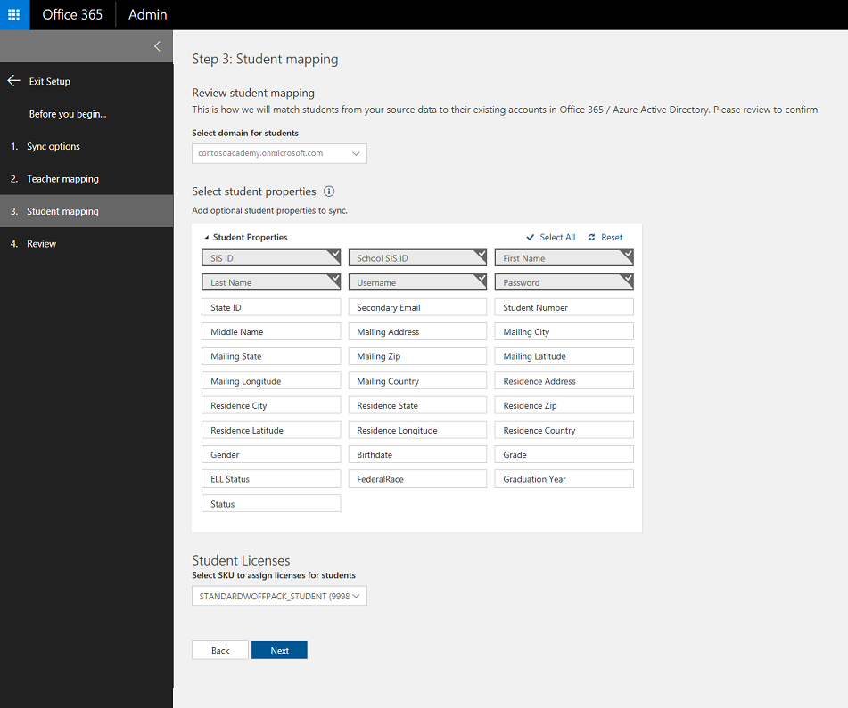 Specify options for student mapping