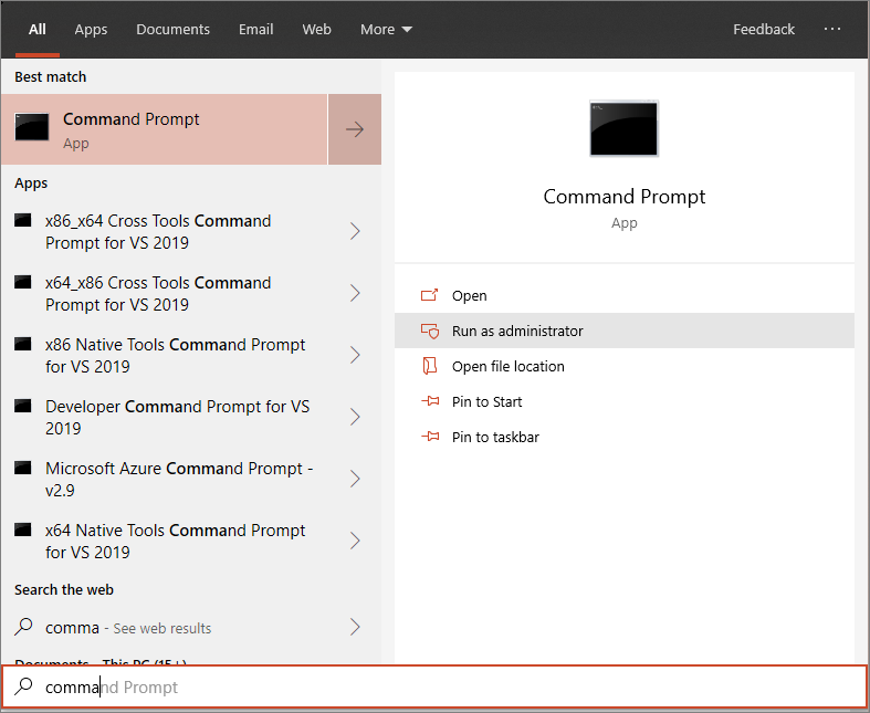 Window Start menu pointing to Run as administrator