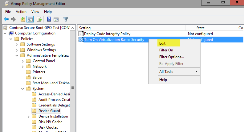 Edit the group policy for Virtualization Based Security