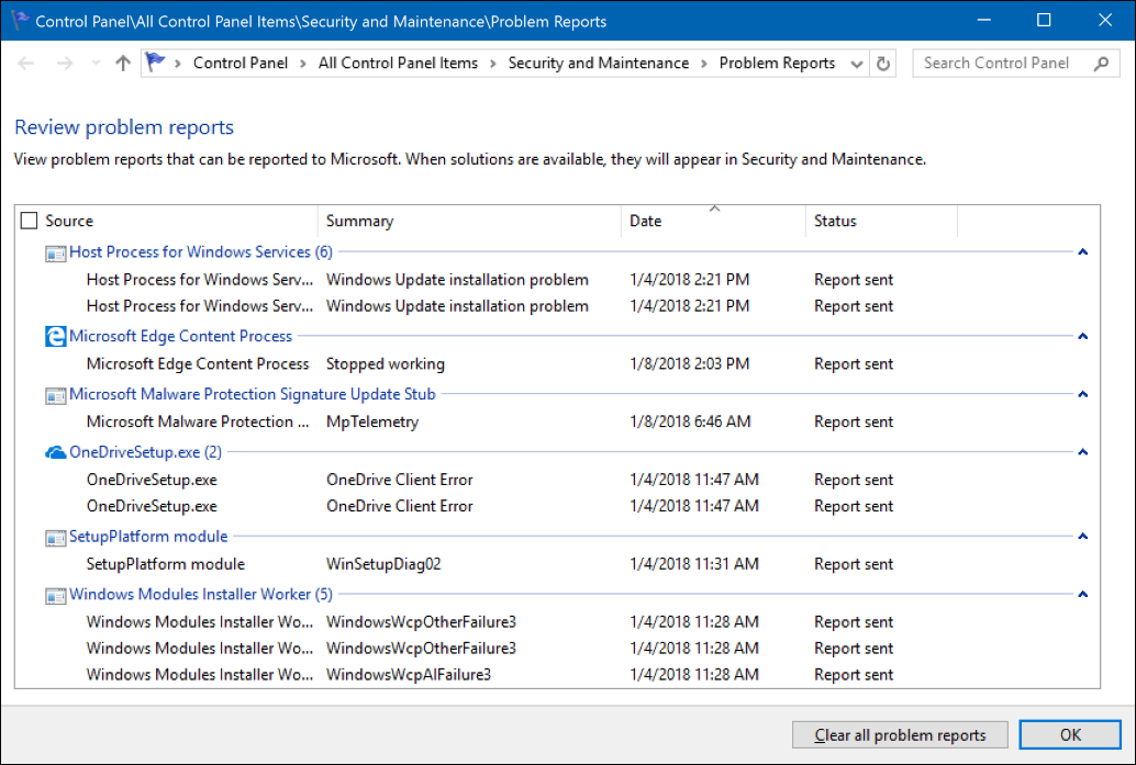 View problem reports tool with report statuses